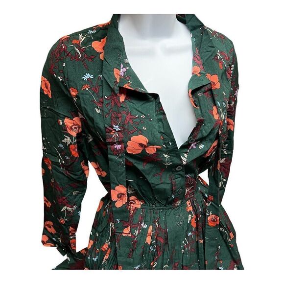 Floral Dress Women’s M Green Modest Long Sleeve Pleated Elastic Waist - Picture 16 of 16